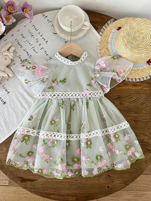 Baby Girl Elegant Lace Ruffled Collar Puff Sleeve Dress A Line High Waist Long Dress