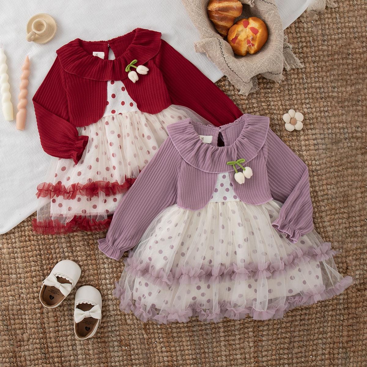 Baby Girl Christmas Party Dress – Polka Dot Ball Gown, Appliques, Knee-Length