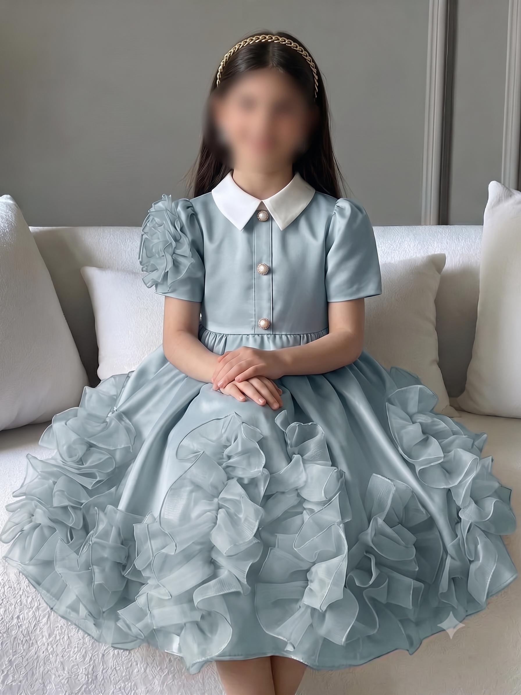 Girl's Cadet Blue Fit and Flare Dress with 3D Floral Trim Midi Length