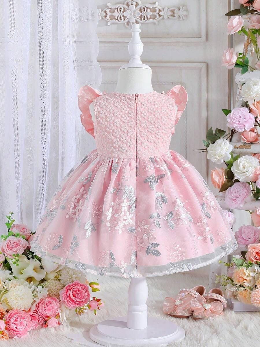 Baby Girl Ruffle Mesh Dress | Toddler Floral Embroidered A-Line Dress