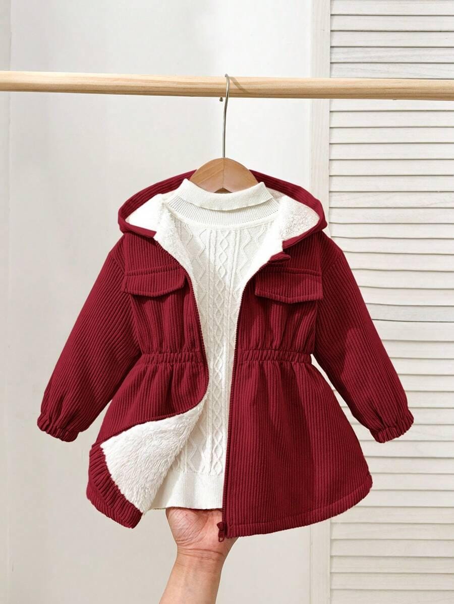 Baby Girl Corduroy Hooded Jacket | Thermal Lined Fall Winter Coat | Toddler Warm Zip-Up Jacket
