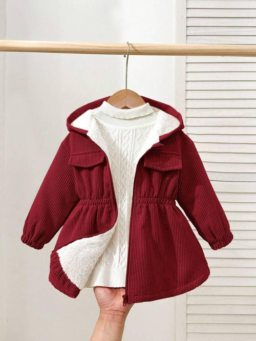 Baby Girl Corduroy Hooded Jacket | Thermal Lined Fall Winter Coat | Toddler Warm Zip-Up Jacket
