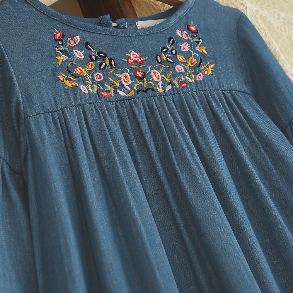 Girls Blue Floral Embroidery Dress – Long Sleeve Korean Style Knee Length Dress