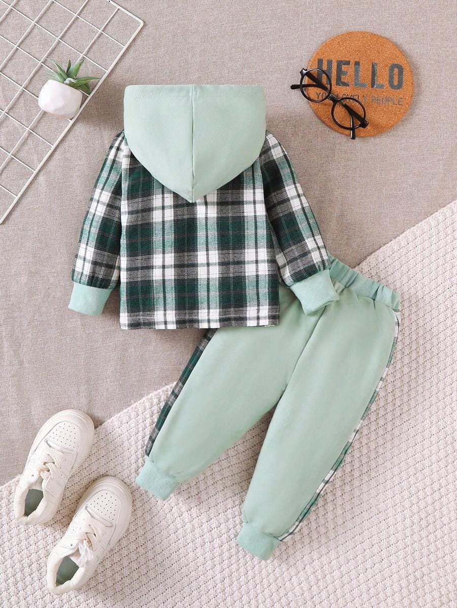 2PCS Boys Casual Outdoor Outfit Plaid Hooded Long Sleeve Shirt with Pocket Long Pants