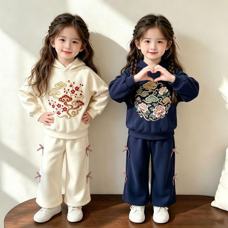 Autumn Girls Embroidered Sweatshirt & Wide Leg Pants 2Pcs Set, Kids Casual Outfit