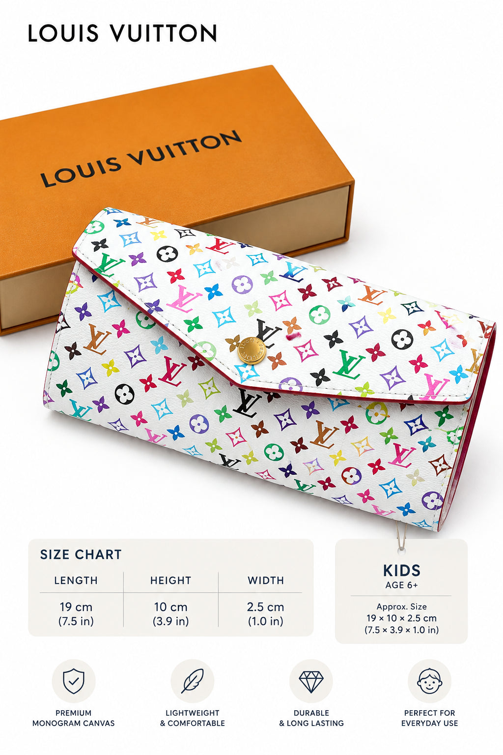 A Louis Vuitton monogram wallet with a colorful multicolor print on a white base, held by a hand next to its signature orange box.