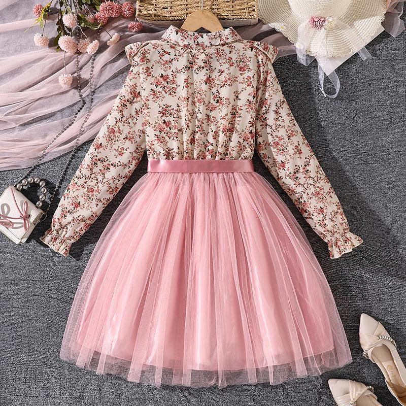 Girls Floral Print Peasant Dress – Pink Mesh Hem Long Sleeve Spring Dress