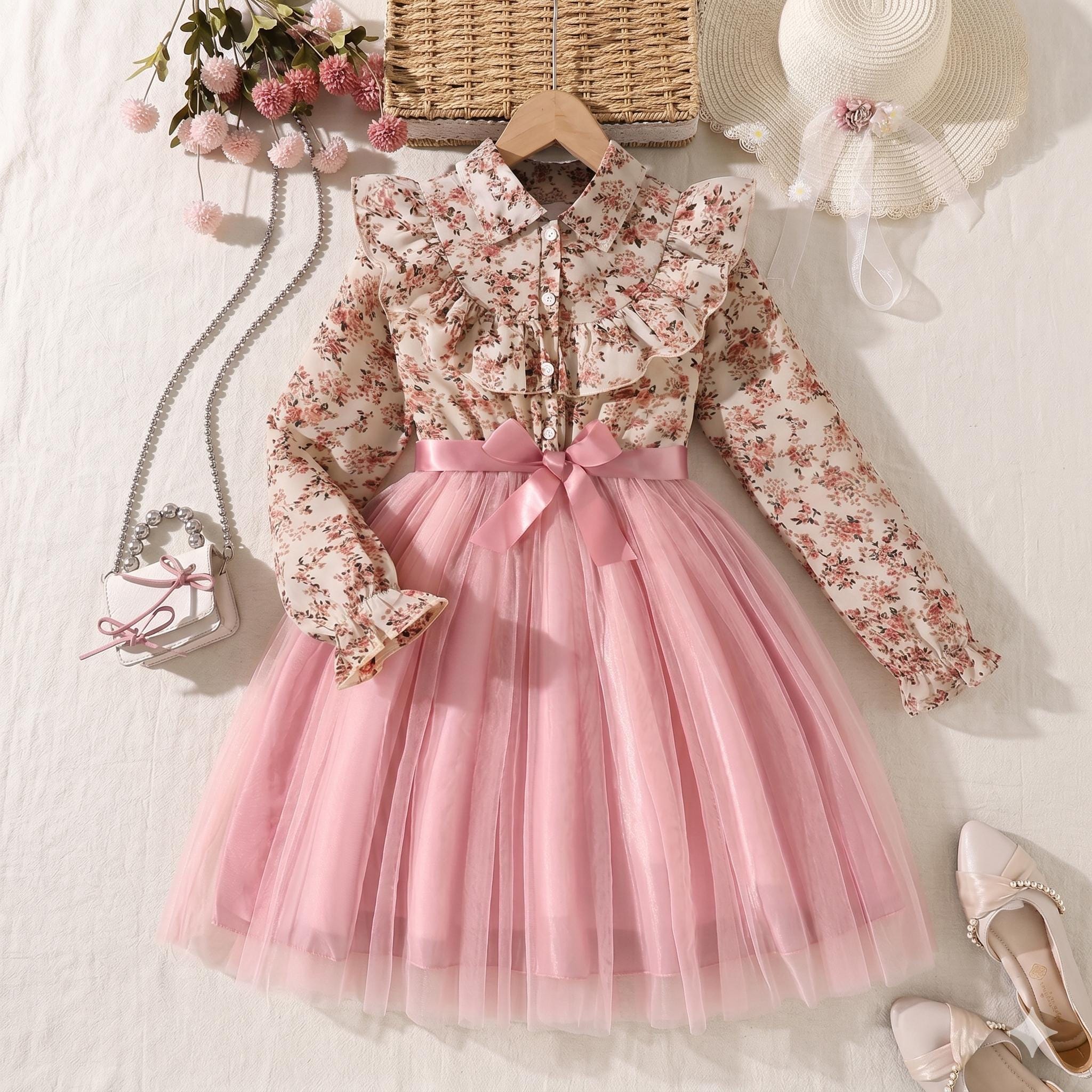 Girls Floral Print Peasant Dress – Pink Mesh Hem Long Sleeve Spring Dress