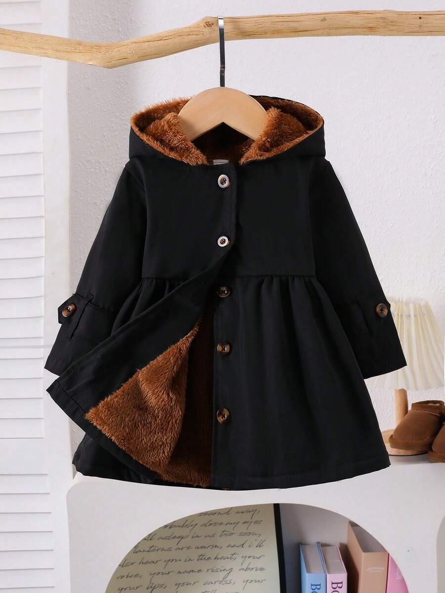 Baby Girls Hooded Winter Jacket, Coffee Plush Lined Coat with Button & Pockets