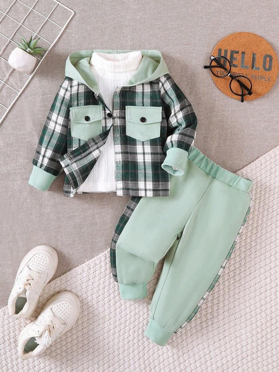 2PCS Boys Casual Outdoor Outfit Plaid Hooded Long Sleeve Shirt with Pocket Long Pants