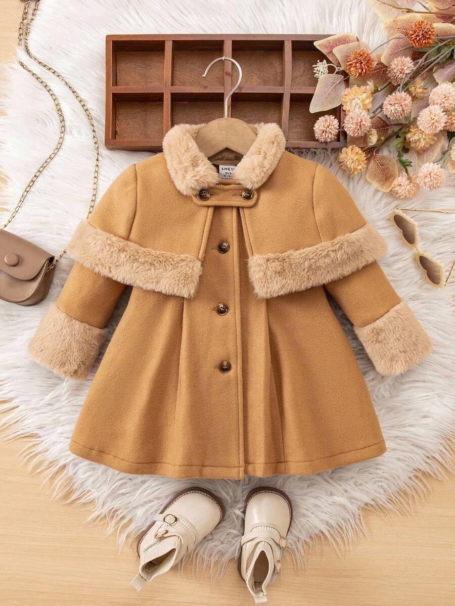Baby Girl Khaki Long Cardigan & Shawl Set, Colorblock Faux Fur Button Front Wrap Outerwear