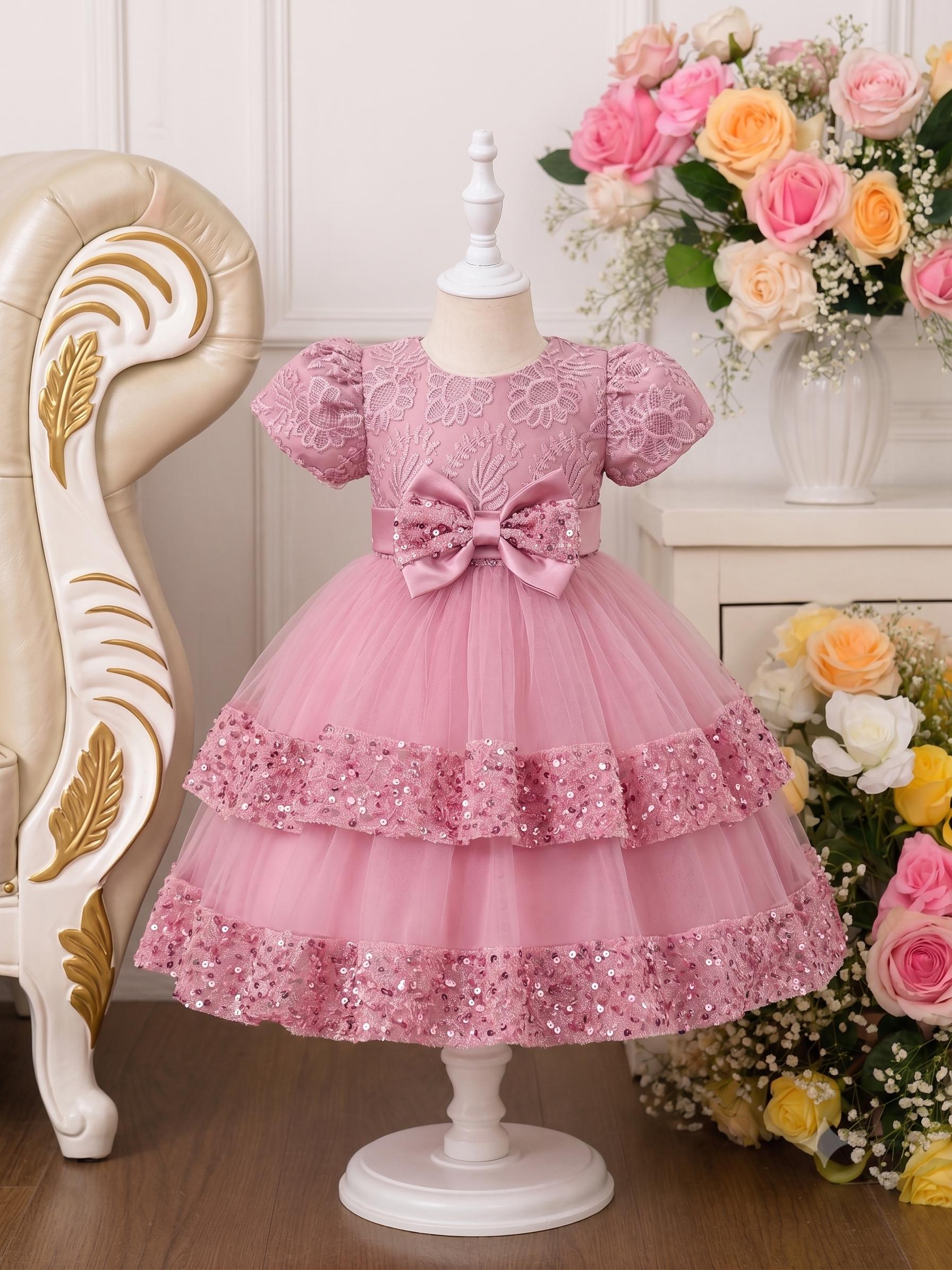 Girls Ball Gown Dress: Lace, Ribbon, Sequins, Short Sleeve Summer Party Attire