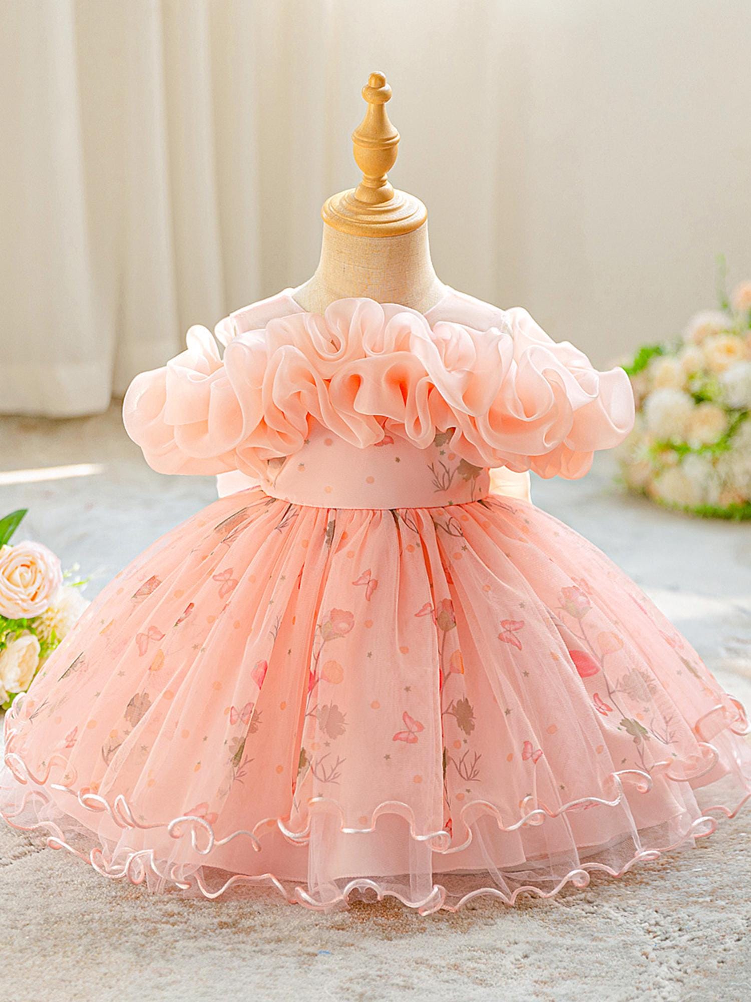 Baby Girl Christening Gown: Floral Lace Tulle Ruffled Dress with Bow Detail
