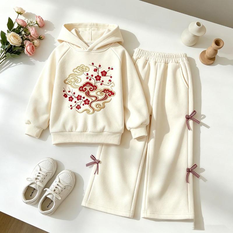 Autumn Girls Embroidered Sweatshirt & Wide Leg Pants 2Pcs Set, Kids Casual Outfit