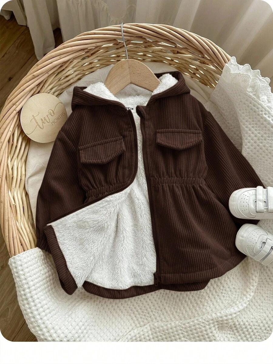 Baby Girl Corduroy Hooded Jacket | Thermal Lined Fall Winter Coat | Toddler Warm Zip-Up Jacket