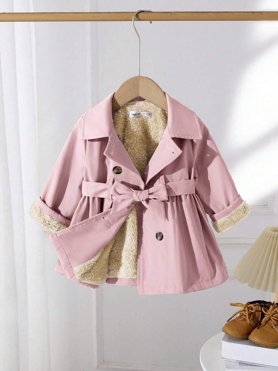 Baby Girl Long Coat | Thermal Lined Double-Breasted Lapel Coat