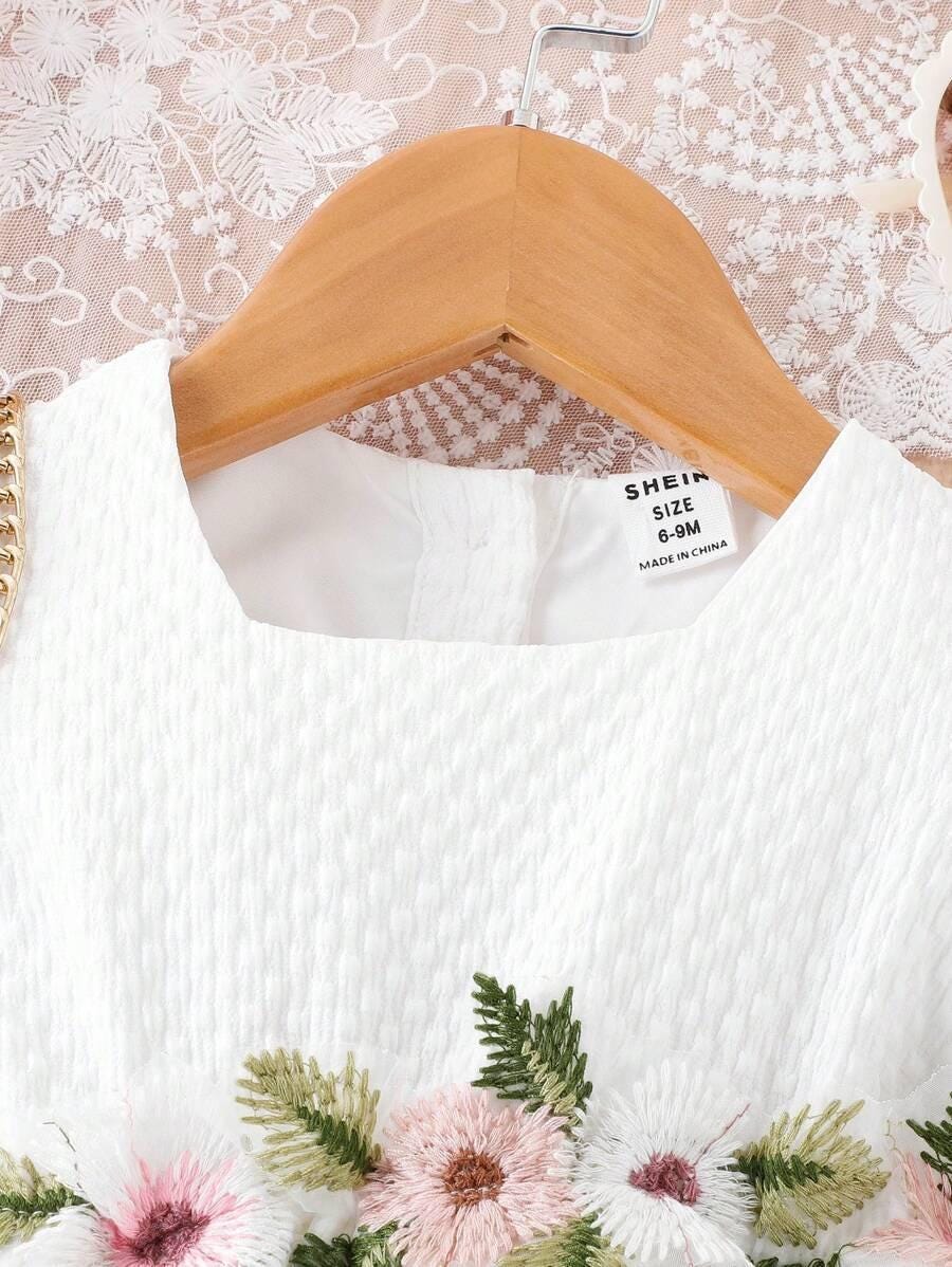 Baby Girl Floral Embroidery Mesh Dress | Puff Sleeve Toddler Party Dress