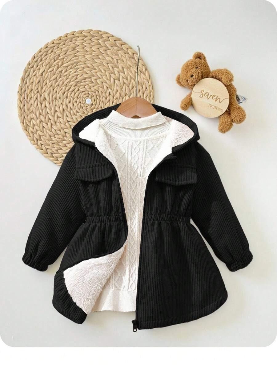 Baby Girl Corduroy Hooded Jacket | Thermal Lined Fall Winter Coat | Toddler Warm Zip-Up Jacket