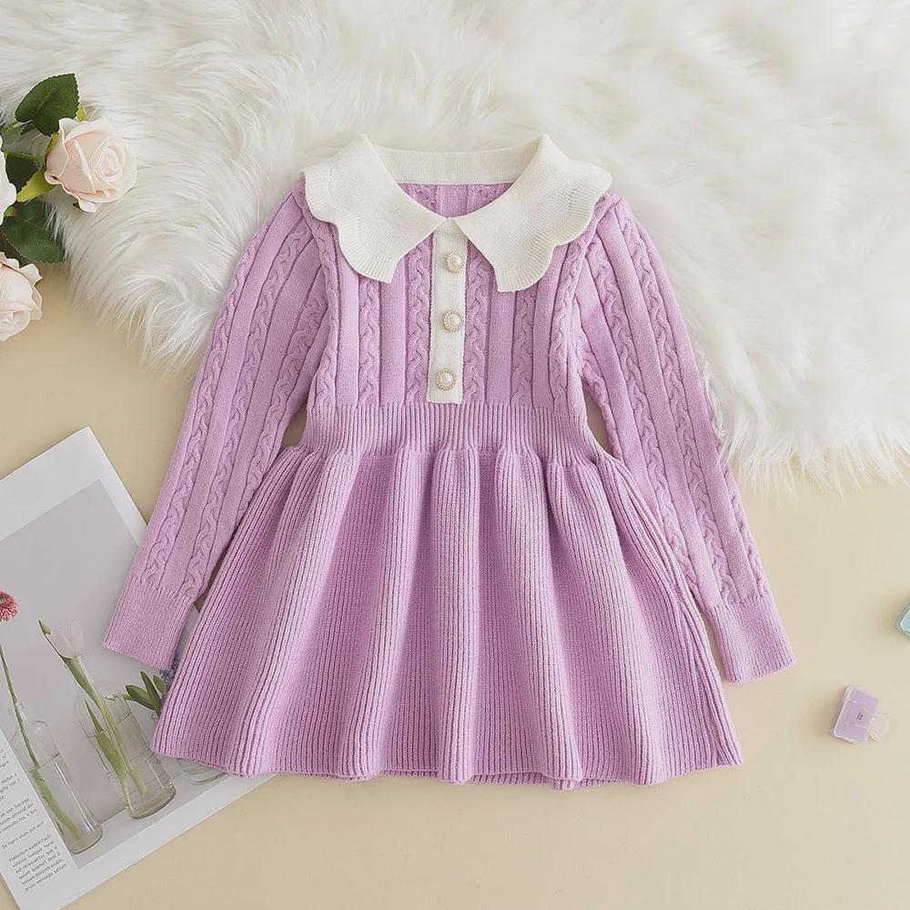 Girls Knitted Sweater Dress – Long Sleeve A-Line Mini Dress with Turn-Down Collar