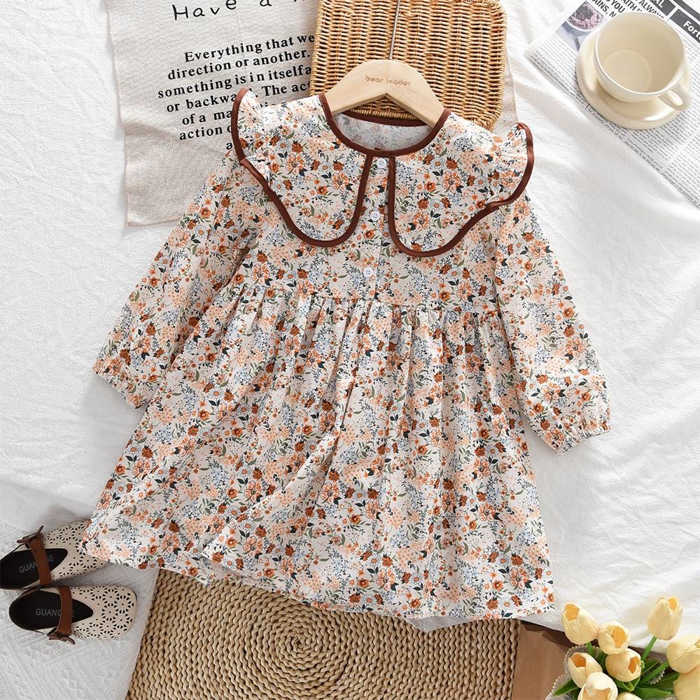 Girls Flower Print Dress with Peter Pan Collar – Long Sleeve A-Line Autumn Dress
