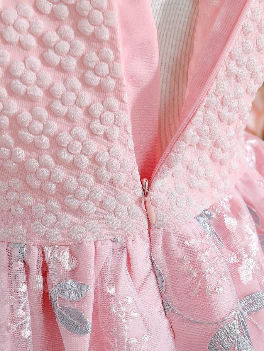 Baby Girl Ruffle Mesh Dress | Toddler Floral Embroidered A-Line Dress