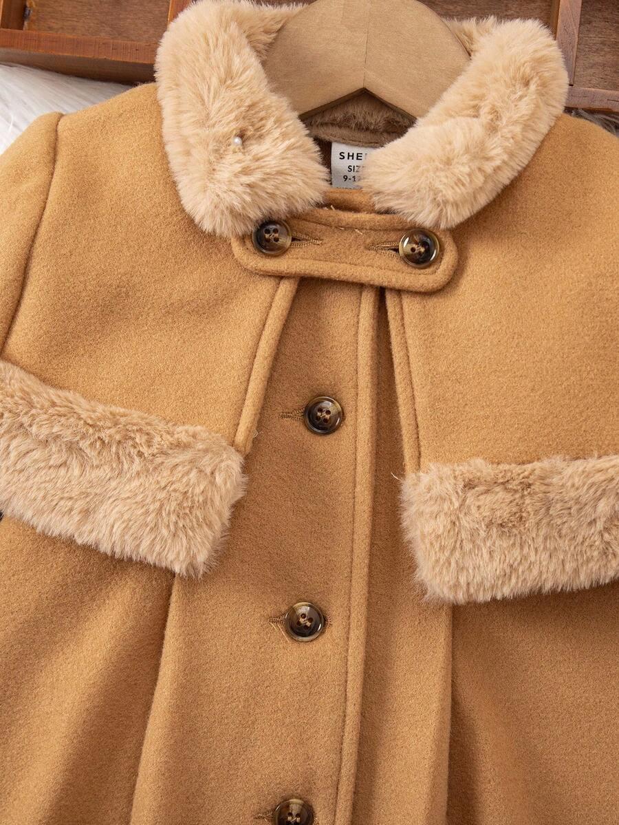 Baby Girl Khaki Long Cardigan & Shawl Set, Colorblock Faux Fur Button Front Wrap Outerwear