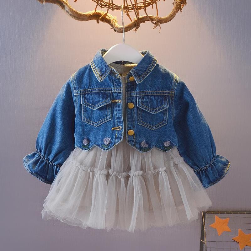 Girls Autumn Denim Jacket & Princess Skirt Set, Korean Style 2-Piece Outfit