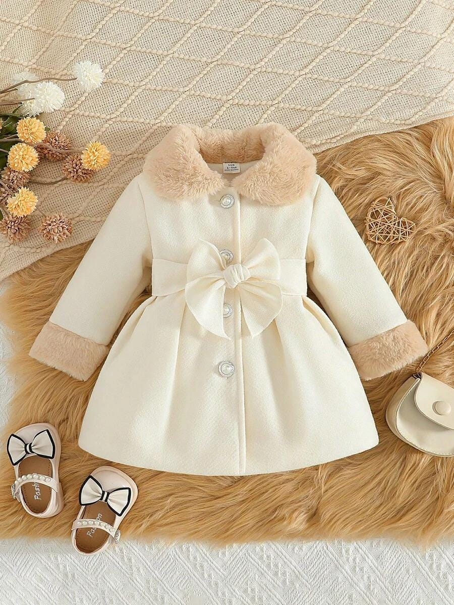 Baby Girl Plush Belted Coat | Patchwork Winter Jacket