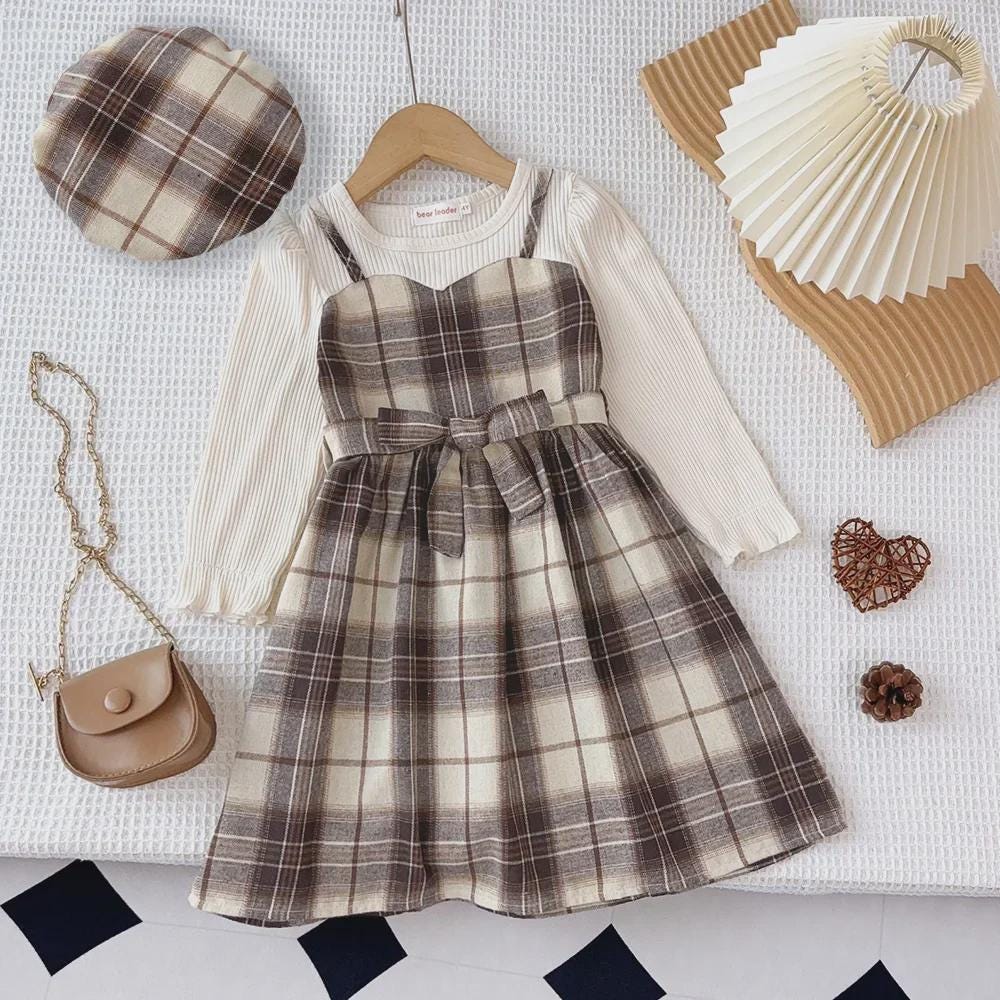Girls Plaid A-Line Dress with Belt & Hat – Korean Style Autumn Dress