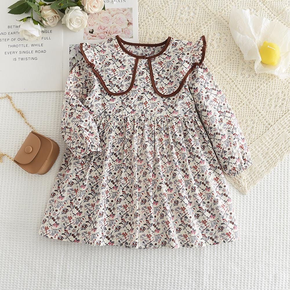 Girls Flower Print Dress with Peter Pan Collar – Long Sleeve A-Line Autumn Dress