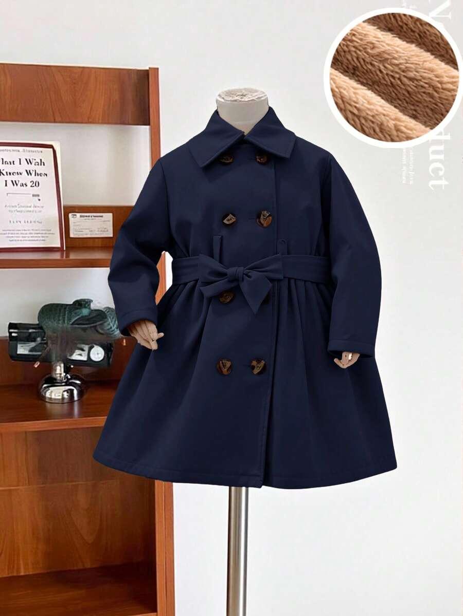Baby Girl Long Coat | Thermal Lined Double-Breasted Lapel Coat