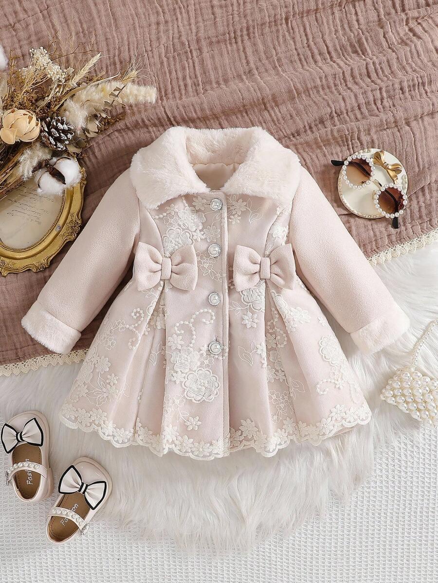 Baby Girl Winter Coat with Furry Collar | 3D Bow Floral Mesh A-Line Coat