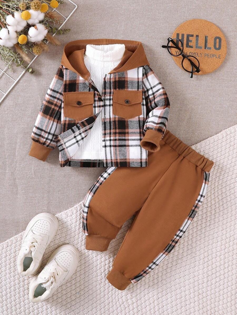 2PCS Boys Casual Outdoor Outfit Plaid Hooded Long Sleeve Shirt with Pocket Long Pants