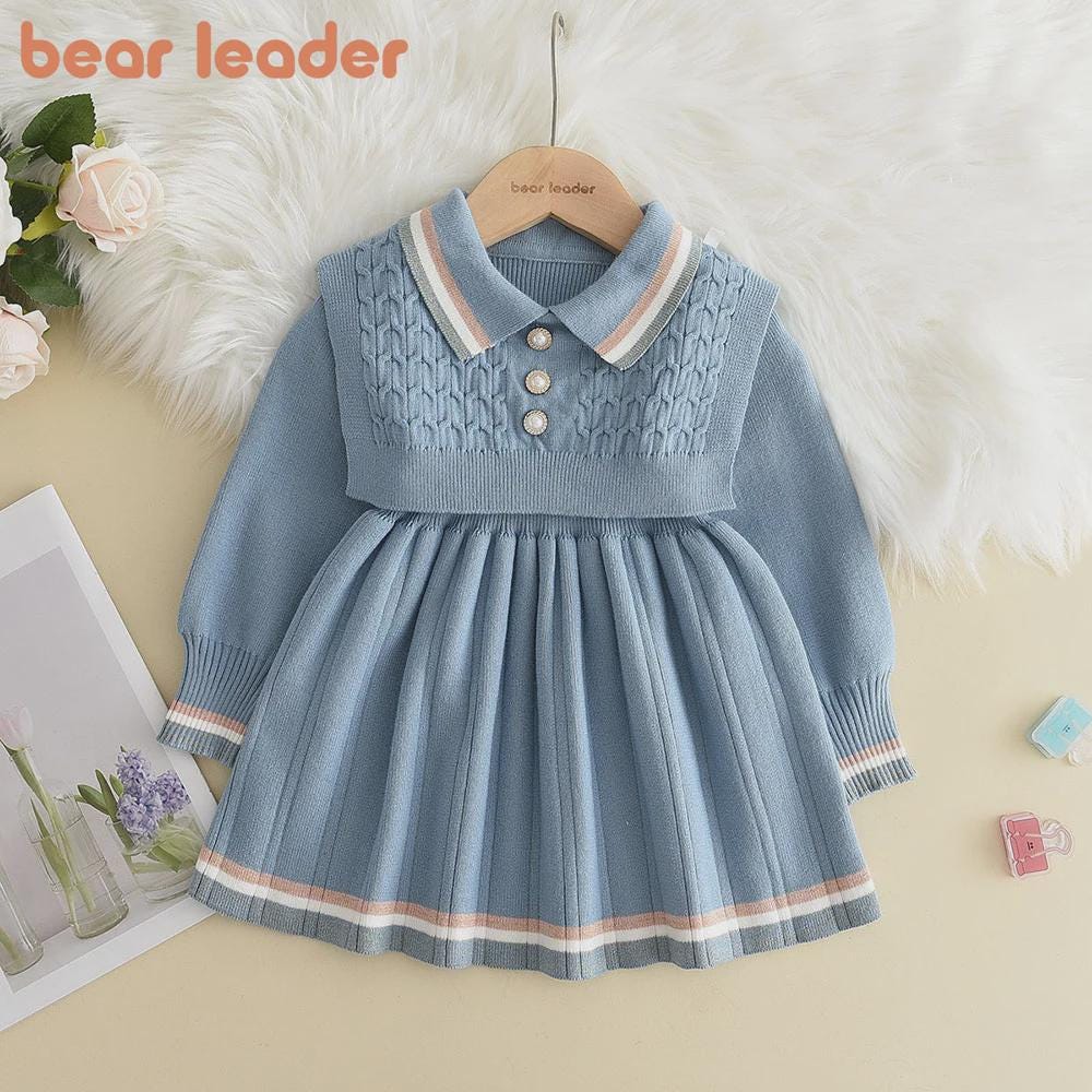 Girls Knitted Sweater Dress – Long Sleeve A-Line Mini Dress with Turn-Down Collar