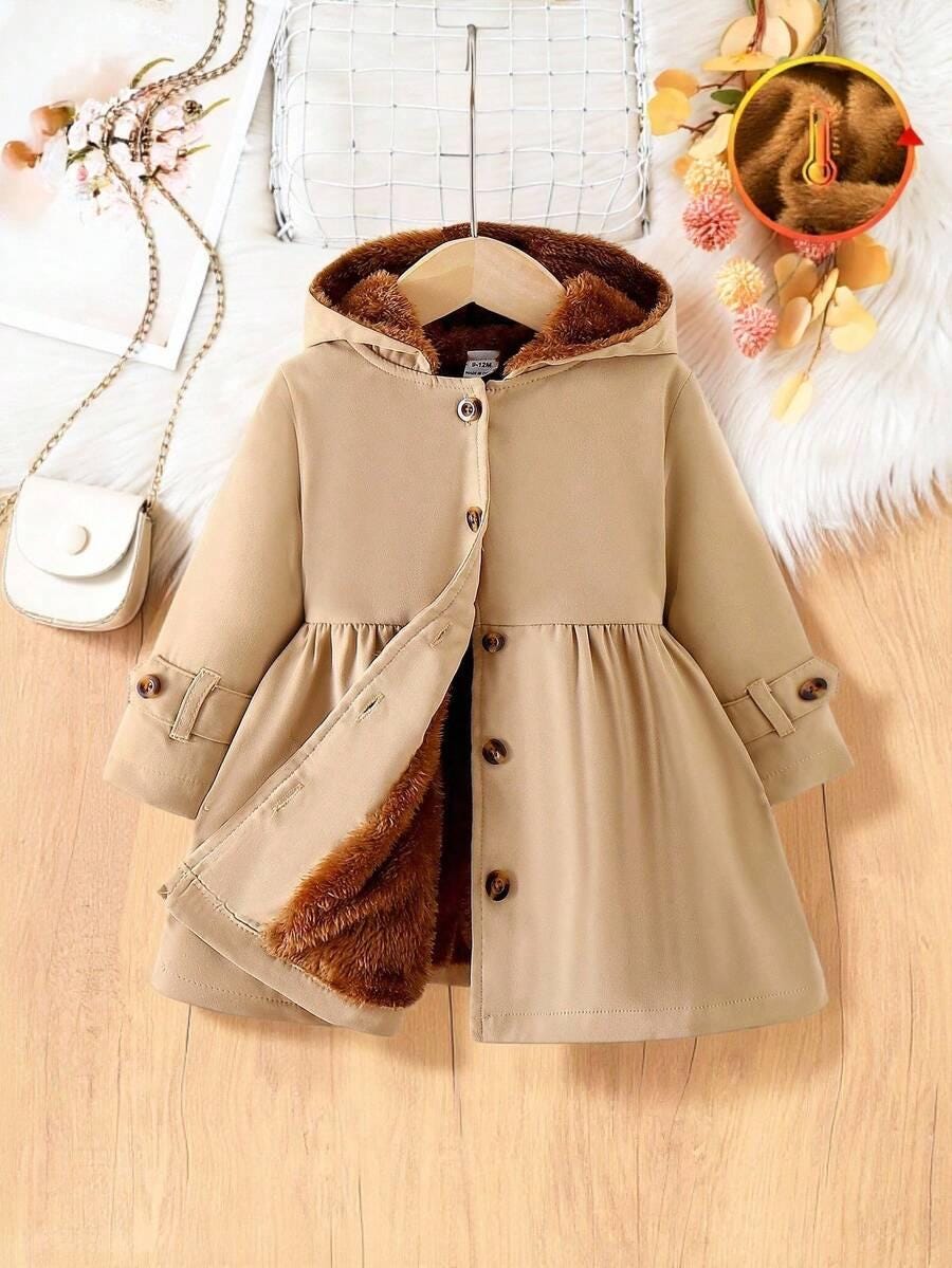 Baby Girls Hooded Winter Jacket, Coffee Plush Lined Coat with Button & Pockets