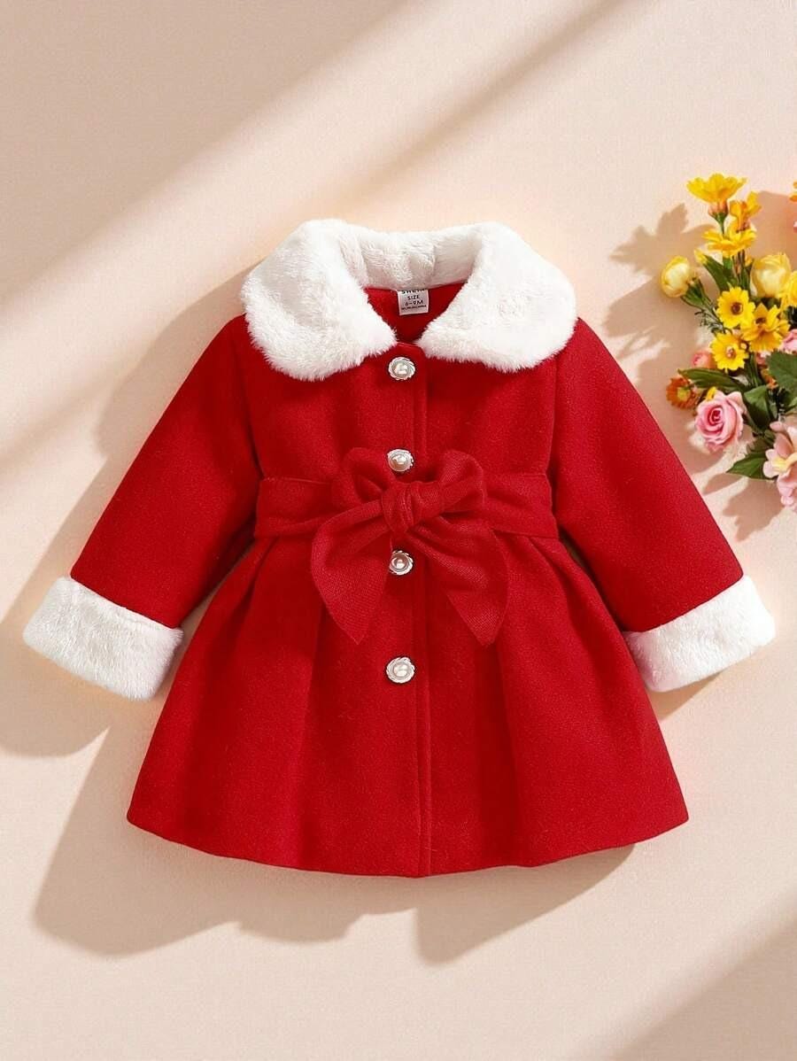 Baby Girl Plush Belted Coat | Patchwork Winter Jacket