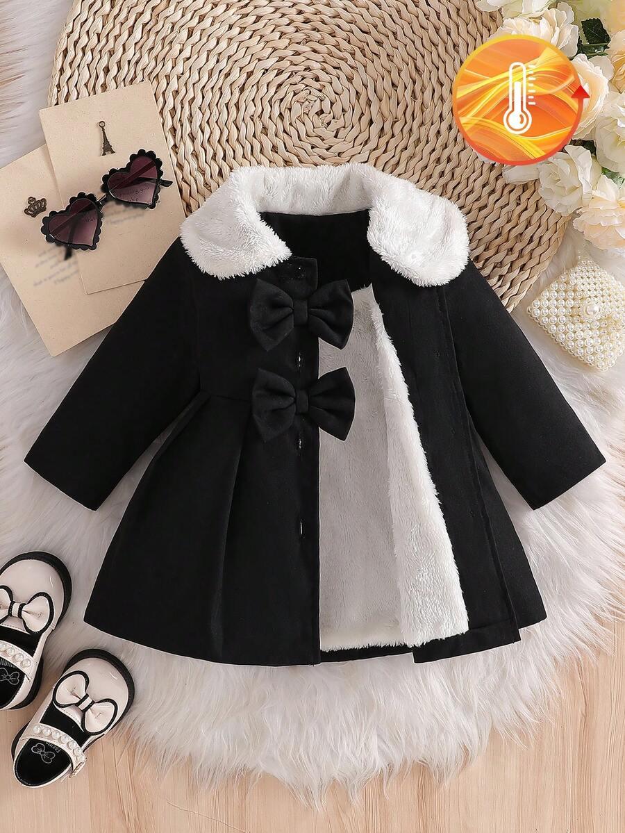 Baby Girls Furry Collar Trench Coat | Bowknot Belted Autumn Winter Coat