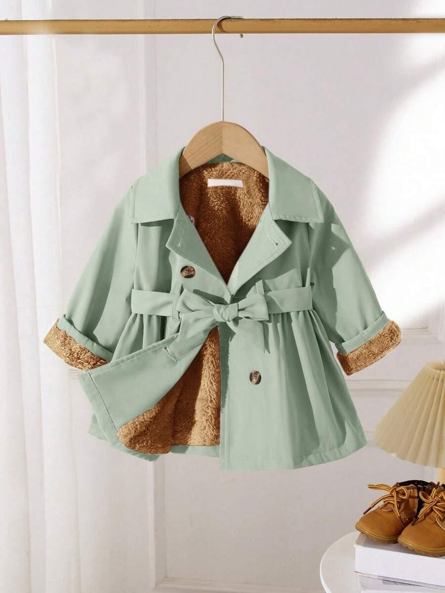 Baby Girl Long Coat | Thermal Lined Double-Breasted Lapel Coat