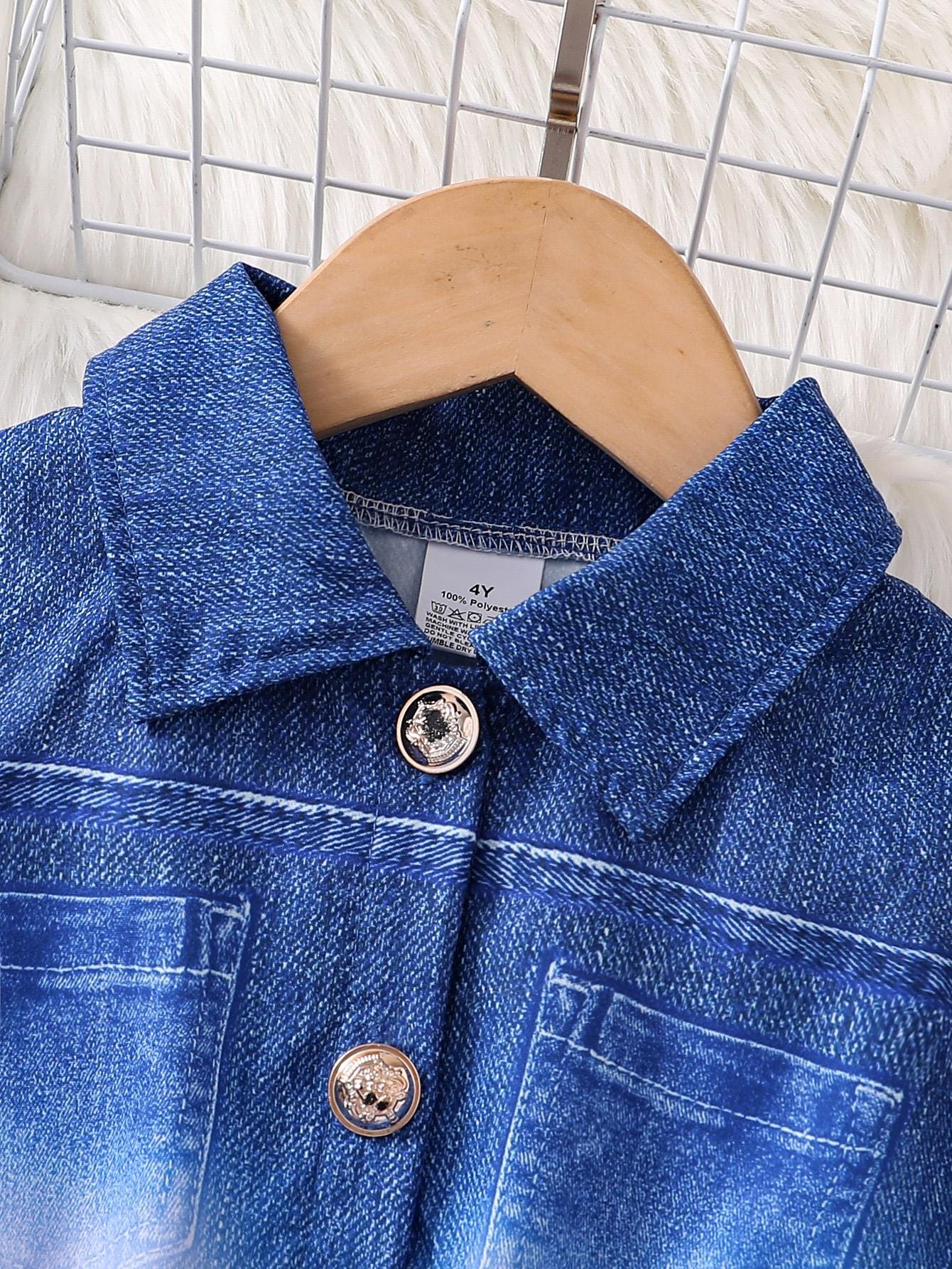 Girls Denim Style Patchwork Dress with Turn-Down Collar – A-Line Knee Length Autumn Dress