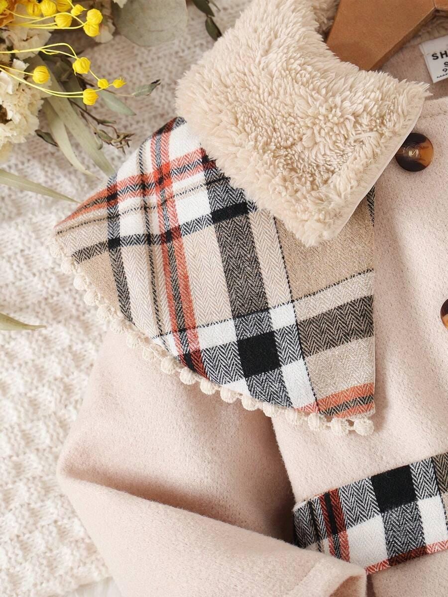 Girls Double-Breasted Plaid Ruffle Fuzzy Collar Dress with Belt - Autumn Winter Outerwear