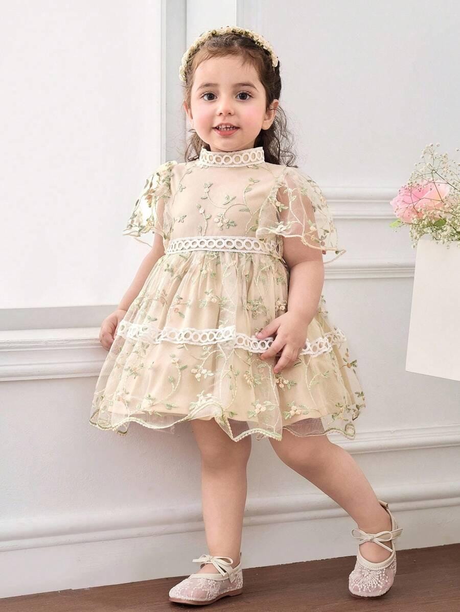 Baby Girl Elegant Lace Ruffled Collar Puff Sleeve Dress A Line High Waist Long Dress