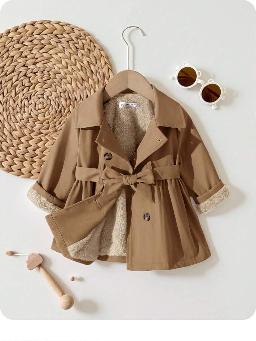 Baby Girl Long Coat | Thermal Lined Double-Breasted Lapel Coat