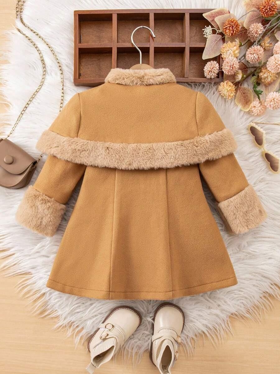 Baby Girl Khaki Long Cardigan & Shawl Set, Colorblock Faux Fur Button Front Wrap Outerwear