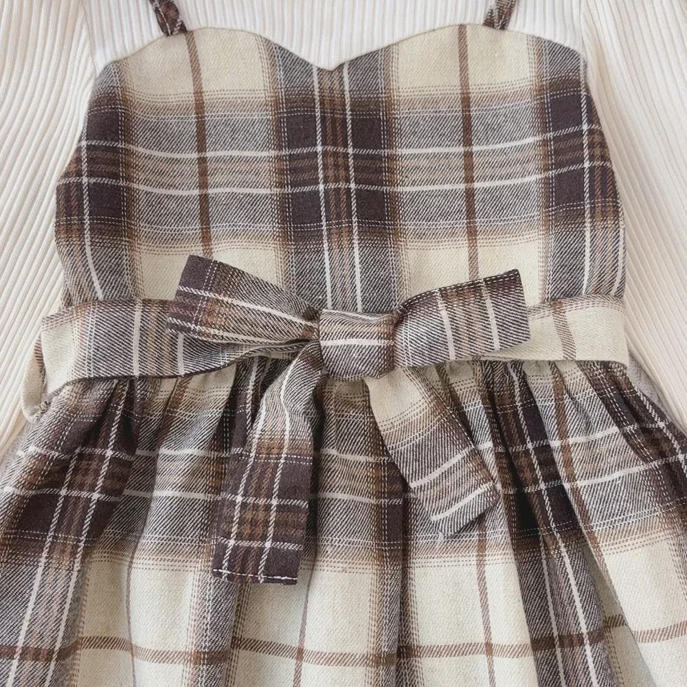 Girls Plaid A-Line Dress with Belt & Hat – Korean Style Autumn Dress
