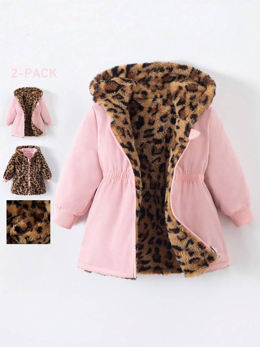 Baby Girls Reversible Faux Fur Jacket, Double-Sided Hooded Leopard & Solid Black Coat
