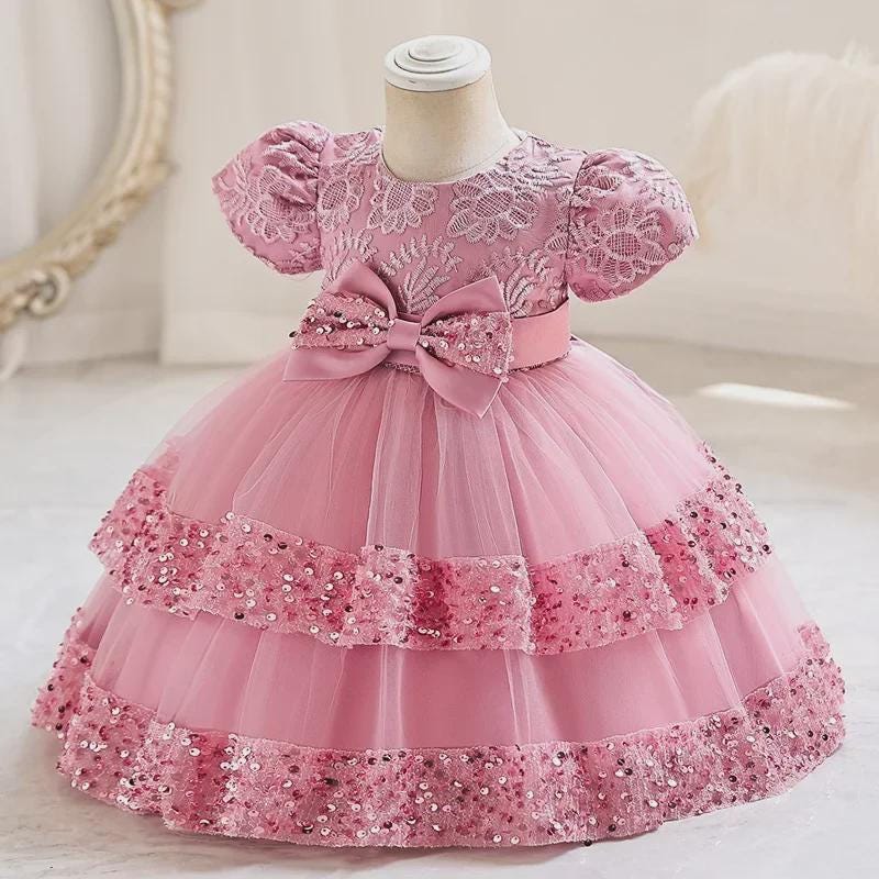 Girls Ball Gown Dress: Lace, Ribbon, Sequins, Short Sleeve Summer Party Attire