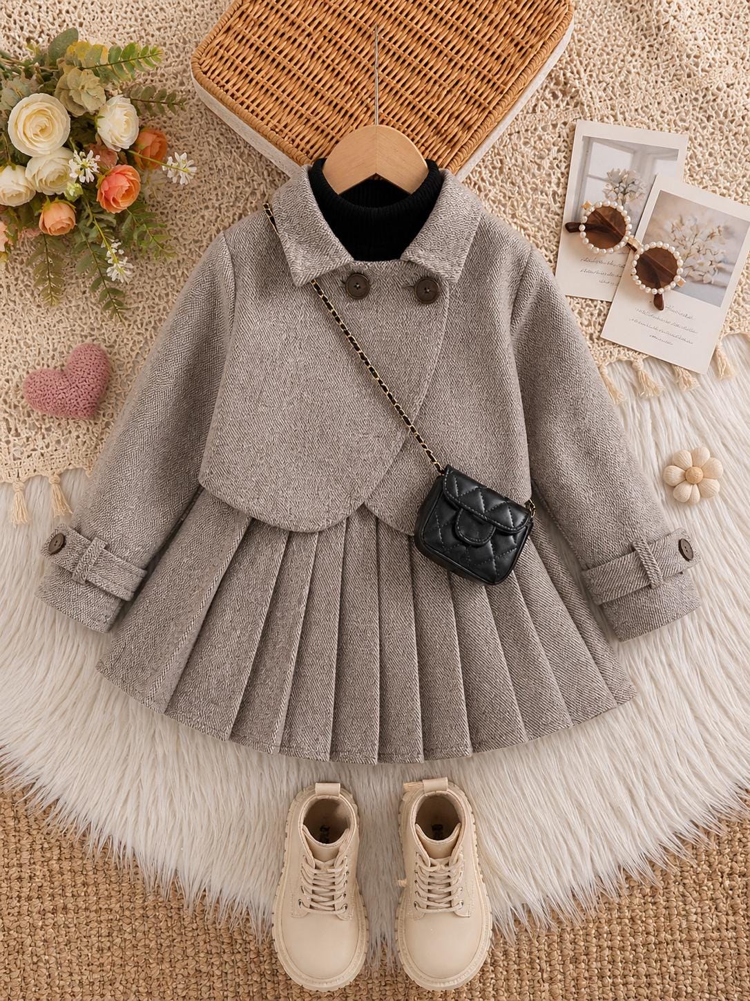 Girls 2PCS Princess Coat & Skirt Set – Patchwork Turn-Down Collar Winter Outfit
