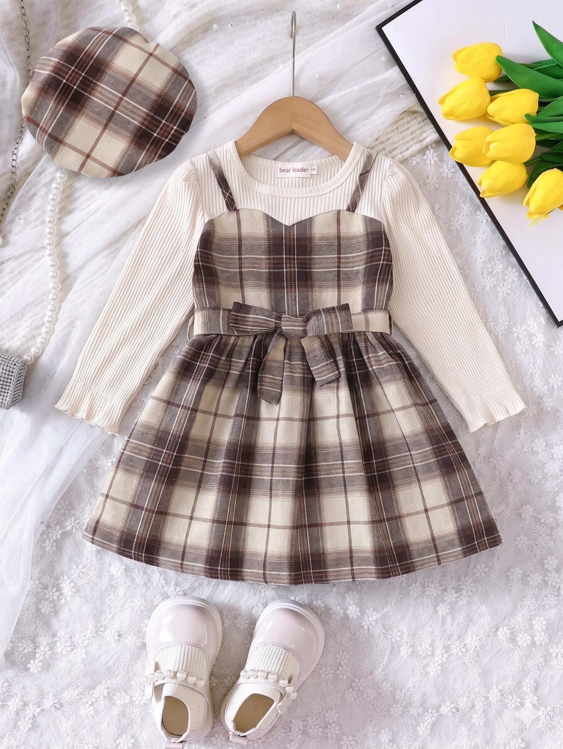 Girls Plaid A-Line Dress with Belt & Hat – Korean Style Autumn Dress