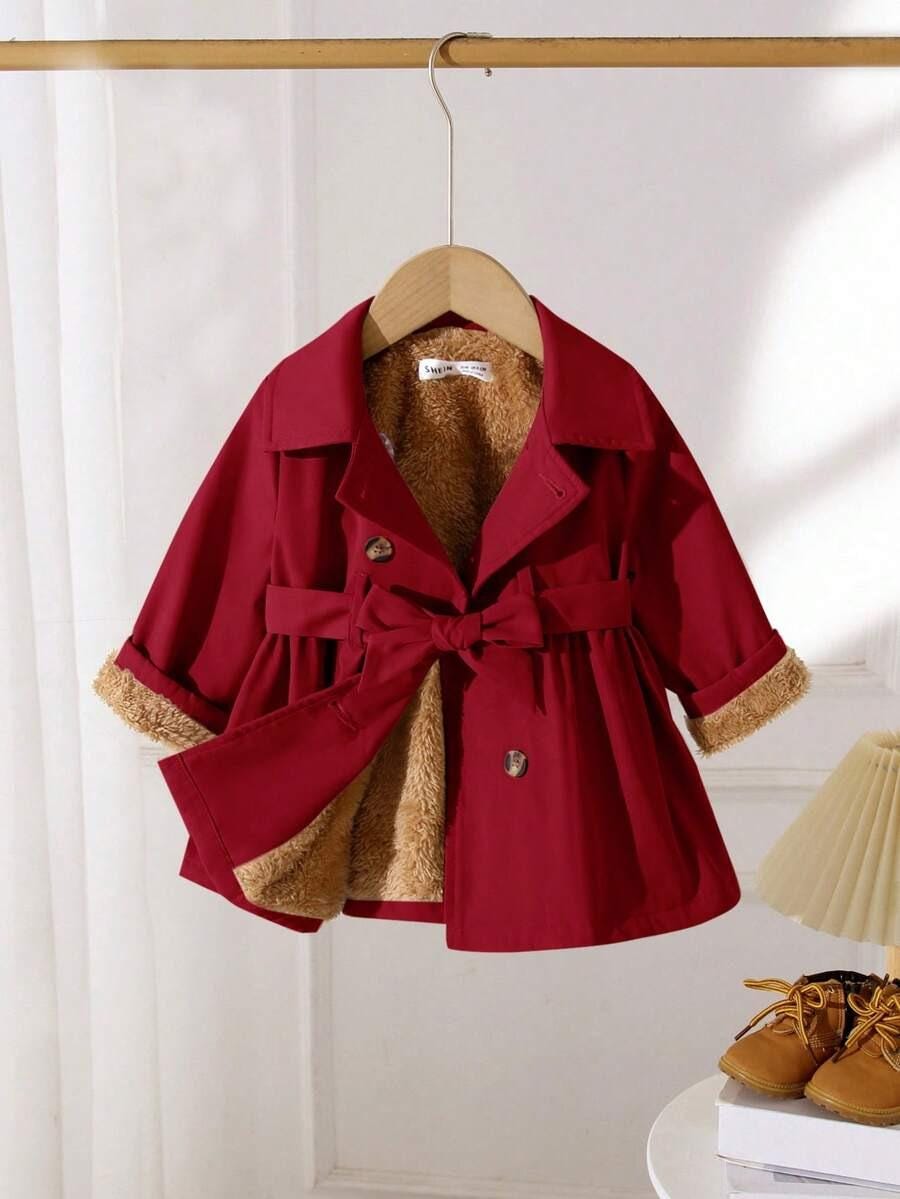 Baby Girl Long Coat | Thermal Lined Double-Breasted Lapel Coat