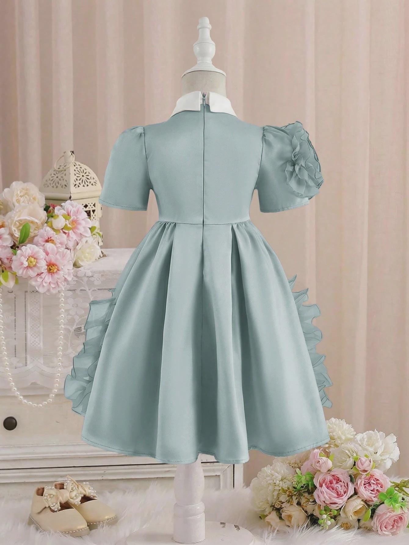 Girl's Cadet Blue Fit and Flare Dress with 3D Floral Trim Midi Length